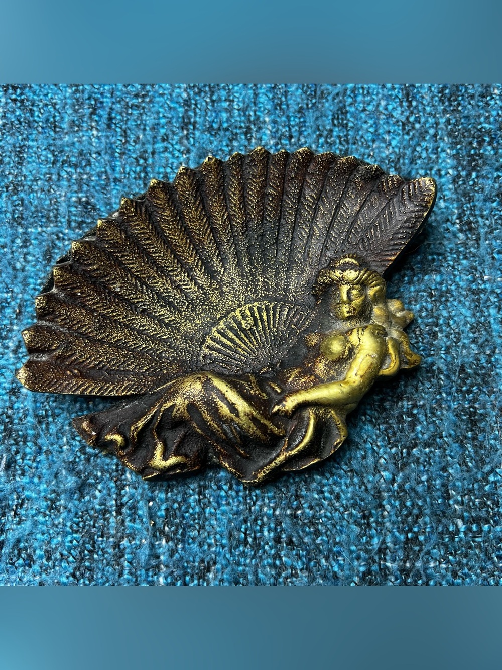 Vintage Art Nouveau Trinket Dish Ring Plate Heavy Brass Metal Lady Feathers 6"